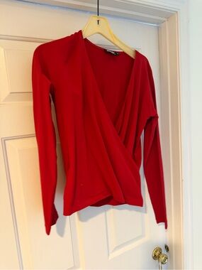 DKNY Red Wrap-Style Long Sleeve V-Neck Top